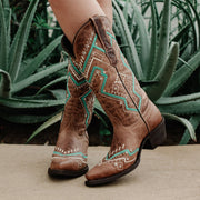 Soto Boots Womens Tan and Turquoise Embroidery Snip Toe Cowgirl Boots M50063