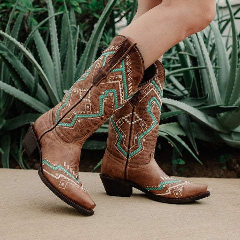 Soto Boots Womens Tan and Turquoise Embroidery Snip Toe Cowgirl Boots M50063