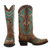 Soto Boots Womens Tan and Turquoise Embroidery Snip Toe Cowgirl Boots M50063