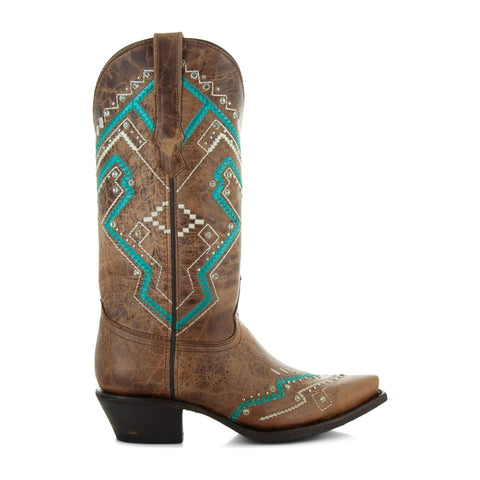 Soto Boots Womens Tan and Turquoise Embroidery Snip Toe Cowgirl Boots M50063