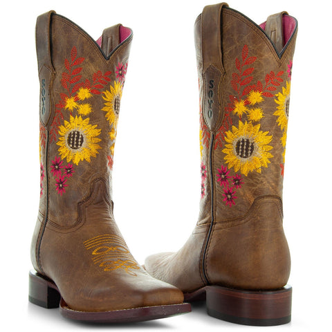 Soto Boots Women's Sunflower Embroidery Square Toe Cowgirl Boots M9005