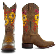 Soto Boots Women's Sunflower Embroidery Square Toe Cowgirl Boots M9005